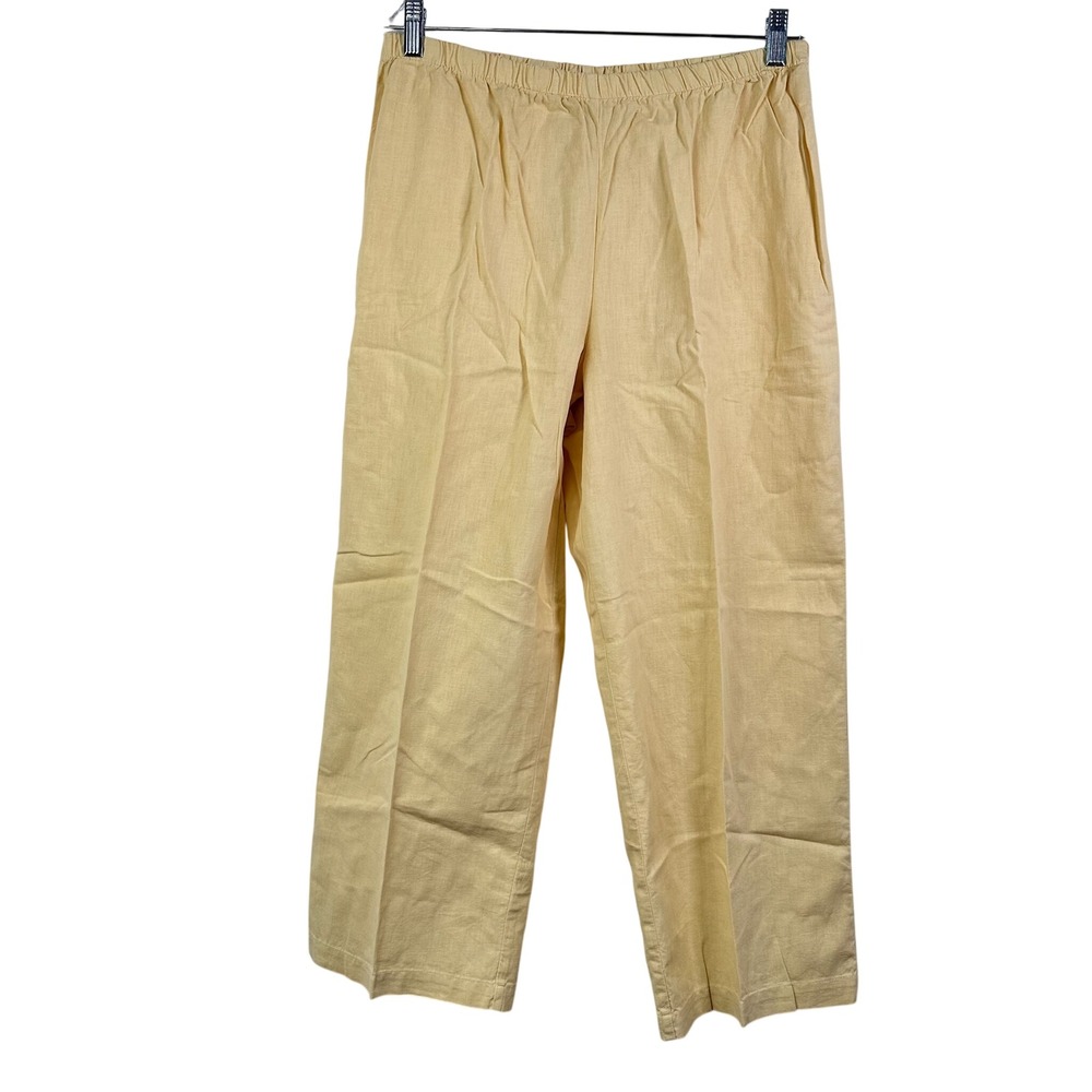 Hot Cotton Womens Large Yellow Linen Blend Wide Leg Elastic Waist Crop Pants